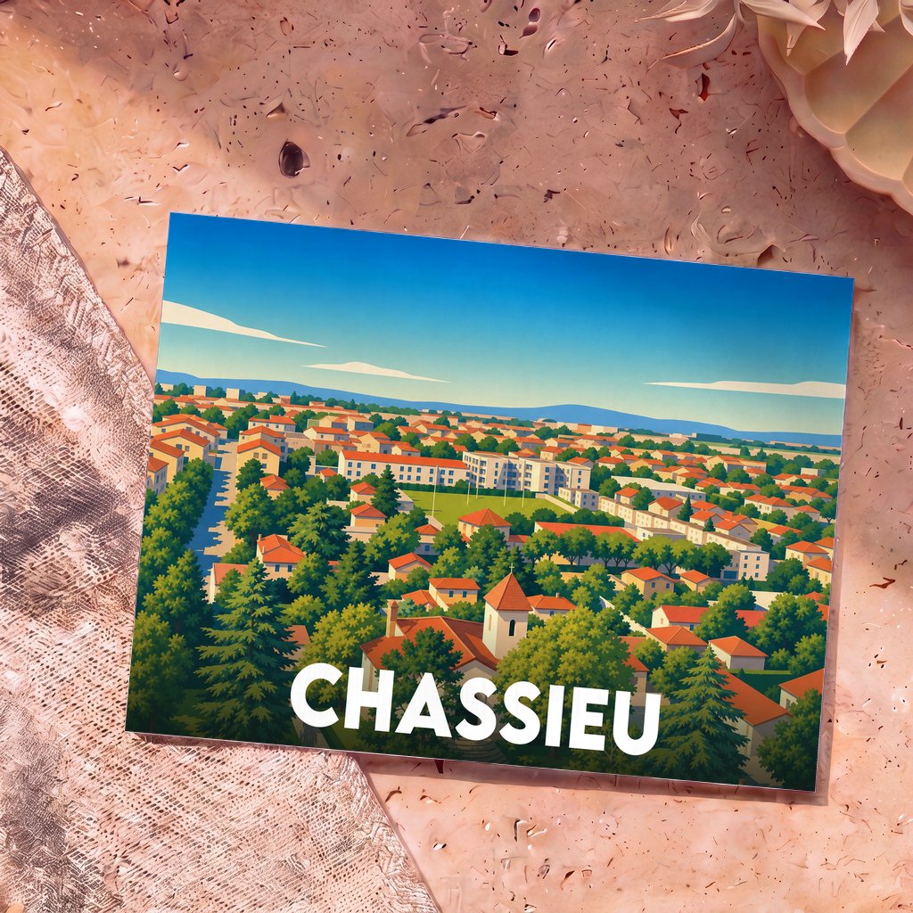 Carte postale souvenir de la ville de Chassieu avec une illustration stylisée et colorée.