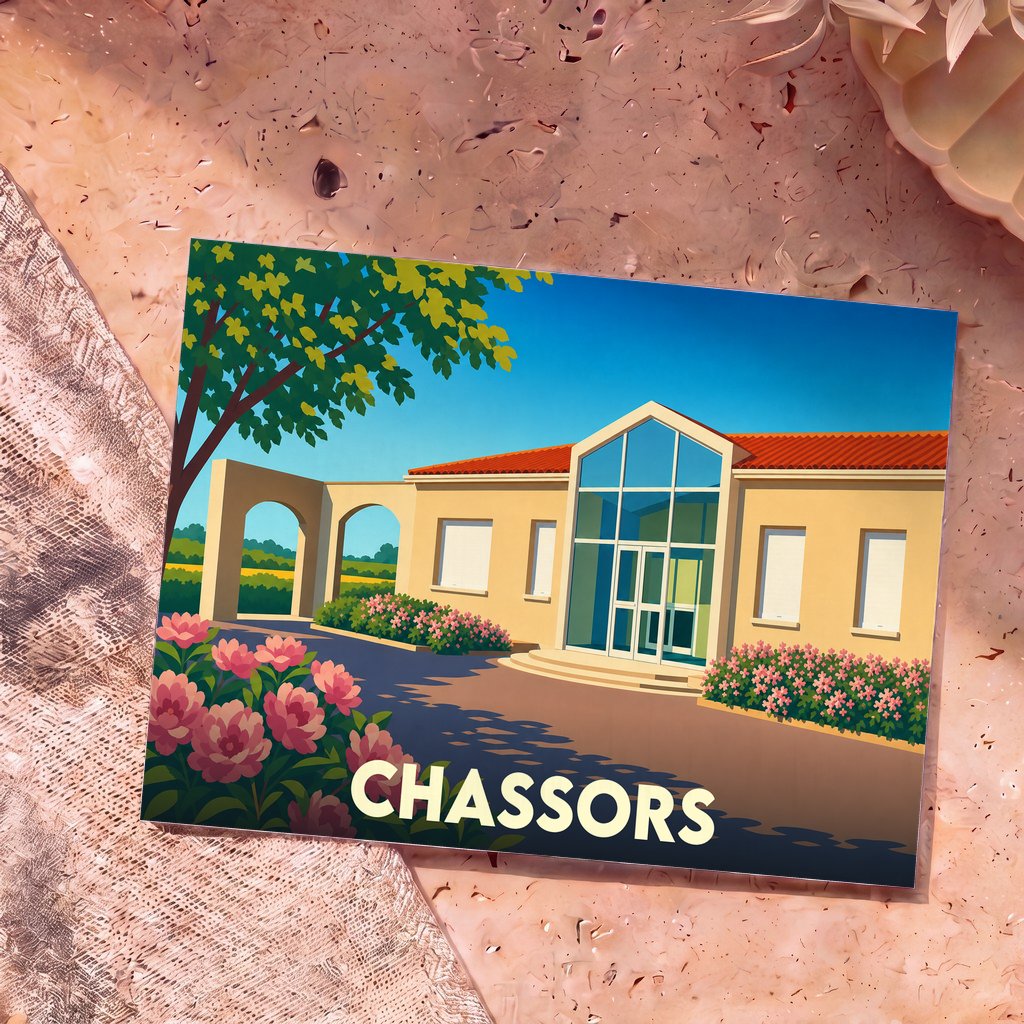 Carte postale souvenir de la ville de Chassors avec une illustration stylisée d'un bâtiment moderne et fleuri.