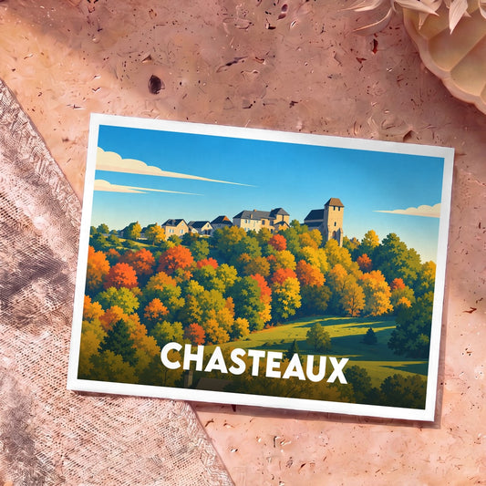 Carte postale souvenir de la ville de Chasteaux avec une illustration stylisée d'un village perché au-dessus d'une forêt automnale.