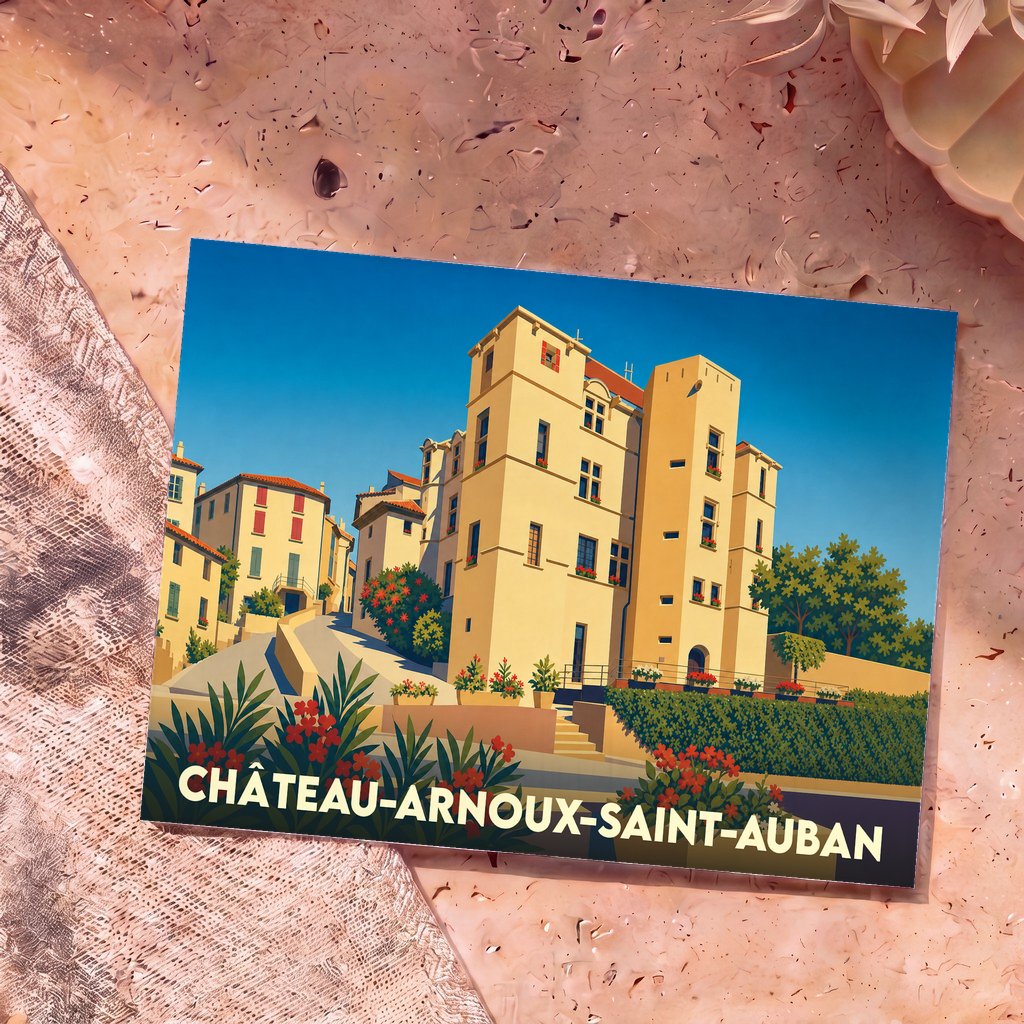 Carte postale souvenir de la ville de Château-Arnoux-Saint-Auban avec une illustration stylisée de son château.
