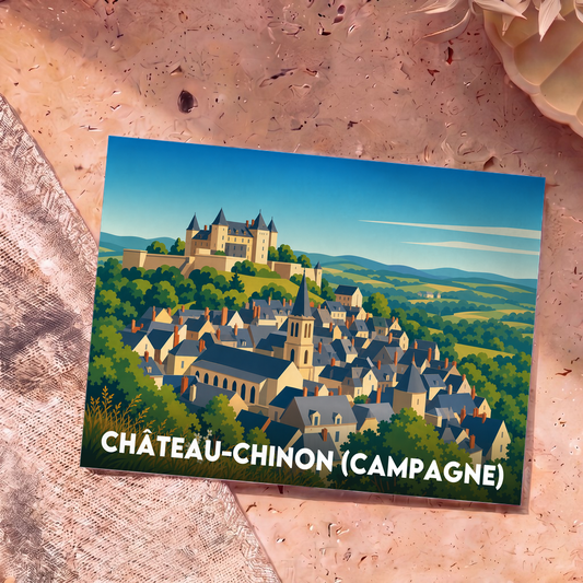 Carte postale souvenir de Château-Chinon (Campagne) illustrée par une vue panoramique stylisée de la ville et de son château.