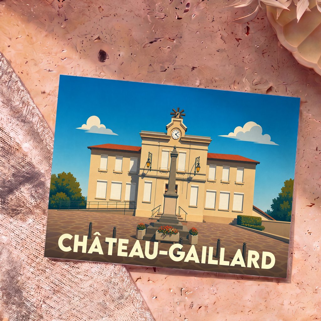Carte postale souvenir de la ville de Château-Gaillard avec une illustration stylisée de sa mairie.