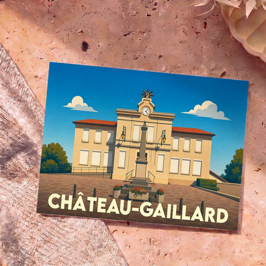 Carte postale souvenir de la ville de Château-Gaillard avec une illustration stylisée de sa mairie.