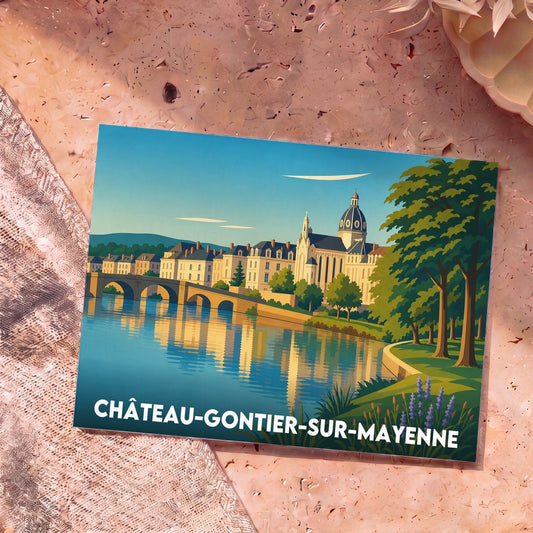 Carte postale souvenir de Château-Gontier-sur-Mayenne illustrant les bords de la Mayenne dans un style graphique épuré.