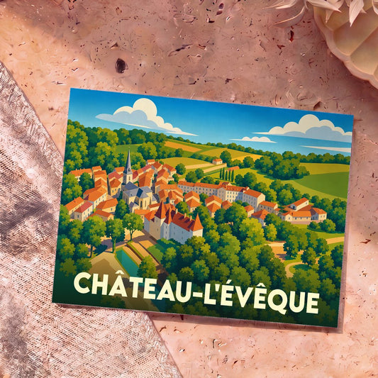 Carte postale souvenir de la ville de Château-l'Évêque avec une illustration stylisée d'un village français.