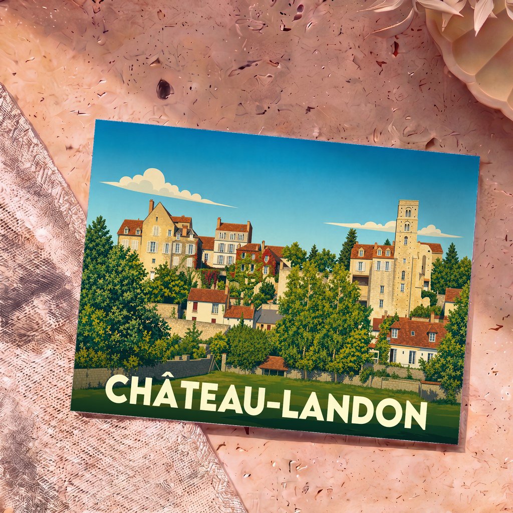 Carte postale souvenir de la ville de Château-Landon arborant une illustration stylisée et colorée de ses monuments historiques.