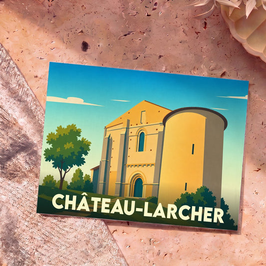 Carte postale souvenir de la ville de Château-Larcher avec une illustration stylisée de son église romane.