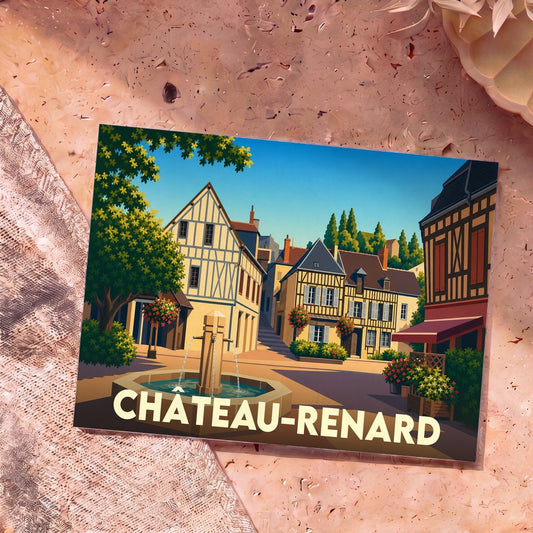 Carte postale souvenir de la ville de Château-Renard avec une illustration stylisée d'une place et de maisons à colombages.