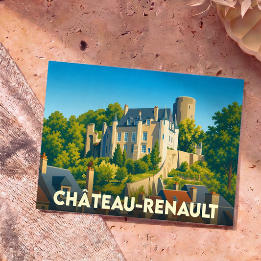 Carte postale souvenir de la ville de Château-Renault illustrée d'un dessin stylisé de son château.
