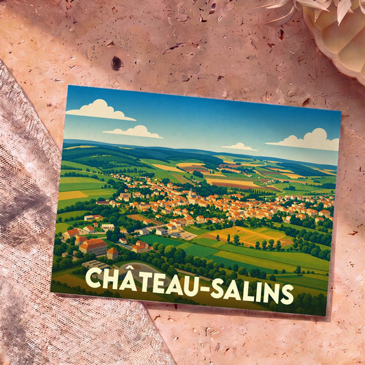 Carte postale souvenir de la ville de Château-Salins illustrant un panorama de la commune et de ses collines environnantes.