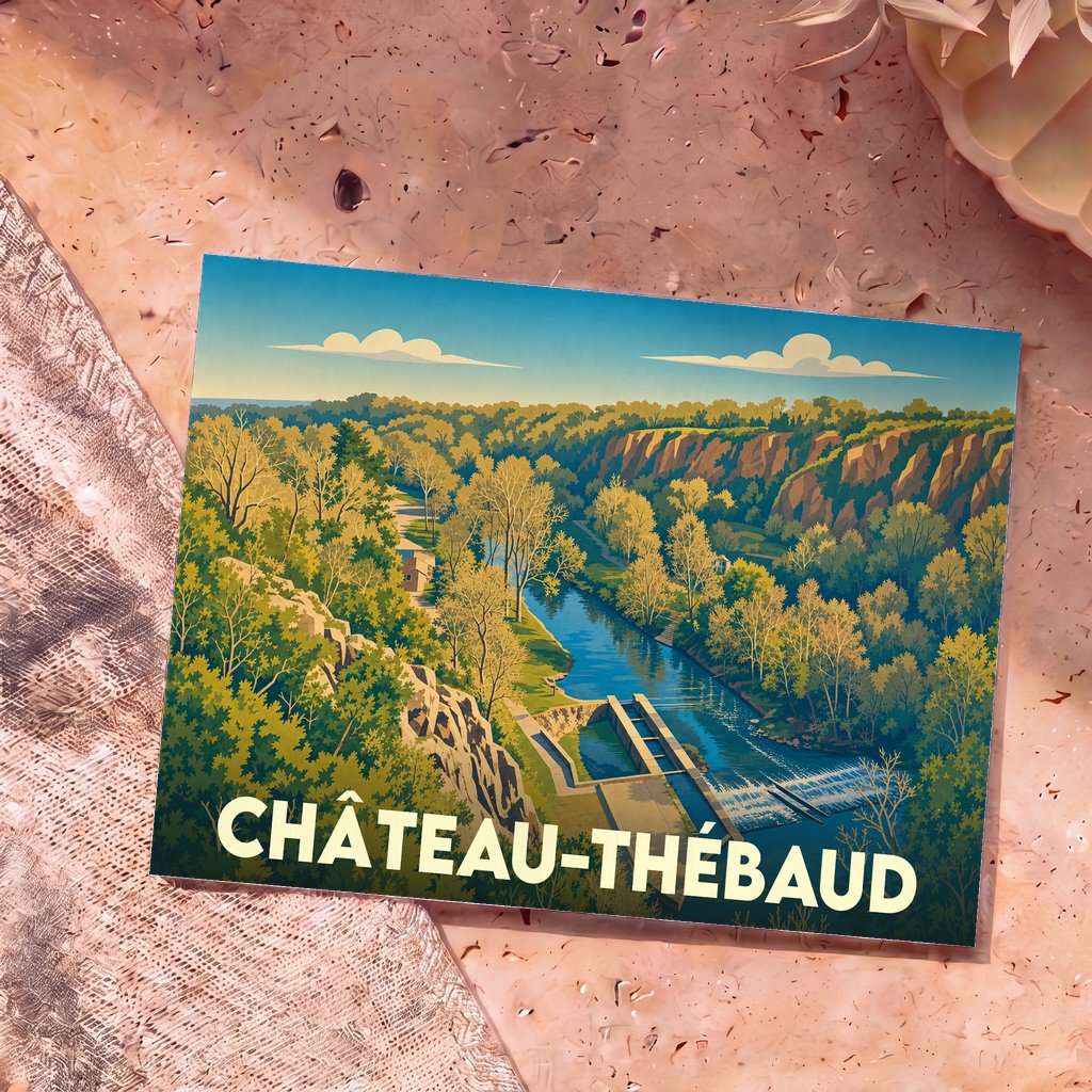 Carte postale souvenir de Château-Thébaud arborant une illustration stylisée d'un paysage de rivière et de falaises.