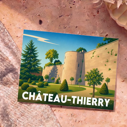 Carte postale souvenir de la ville de Château-Thierry avec une illustration stylisée de ses remparts et jardins.