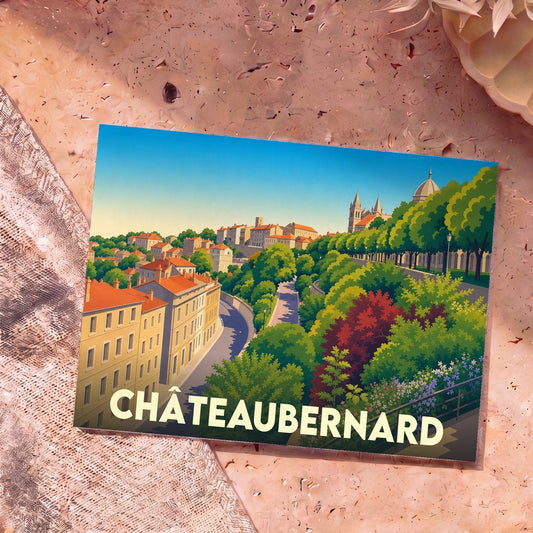 Carte postale souvenir de la ville de Châteaubernard avec une illustration colorée et stylisée de son paysage urbain.