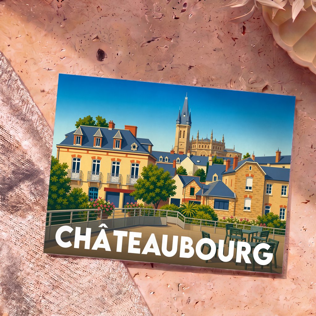 Carte postale souvenir de la ville de Châteaubourg avec une illustration stylisée de son architecture.