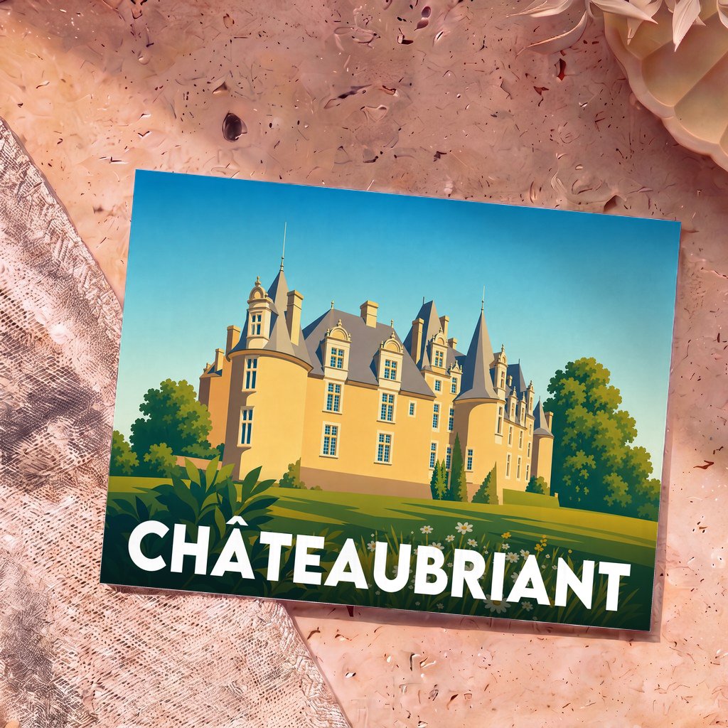 Carte postale souvenir de la ville de Châteaubriant illustrant son château dans un style graphique épuré.