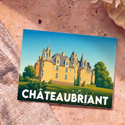 Carte postale souvenir de la ville de Châteaubriant illustrant son château dans un style graphique épuré.
