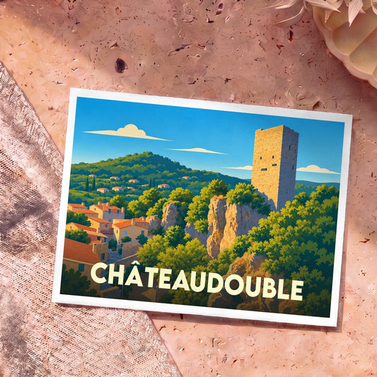 Carte postale souvenir de la ville de Châteaudouble avec une illustration stylisée de sa tour médiévale dominant le village et la nature.