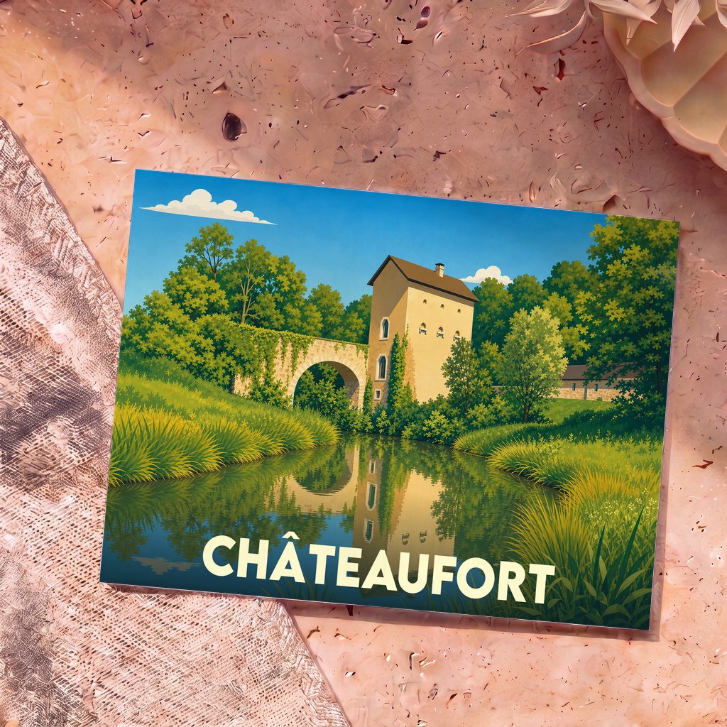Carte postale souvenir de la ville de Châteaufort avec une illustration stylisée d'un pont et d'un moulin au bord de l'eau.