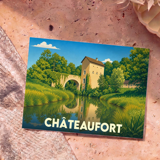Carte postale souvenir de la ville de Châteaufort avec une illustration stylisée d'un pont et d'un moulin au bord de l'eau.