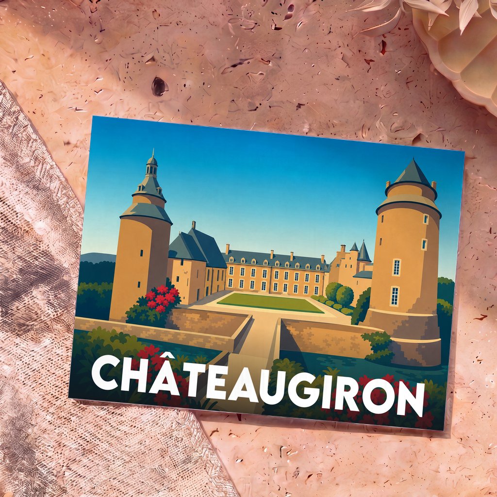 Carte postale souvenir de la ville de Châteaugiron avec une illustration stylisée de son château.