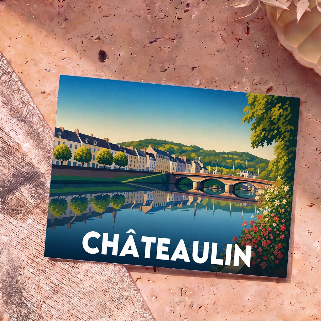 Carte postale souvenir de la ville de Châteaulin illustrant ses quais et son pont se reflétant dans l'Aulne.