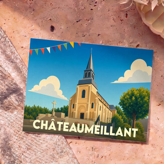 Carte postale souvenir de la ville de Châteaumeillant illustrant son église sous un ciel bleu festif.