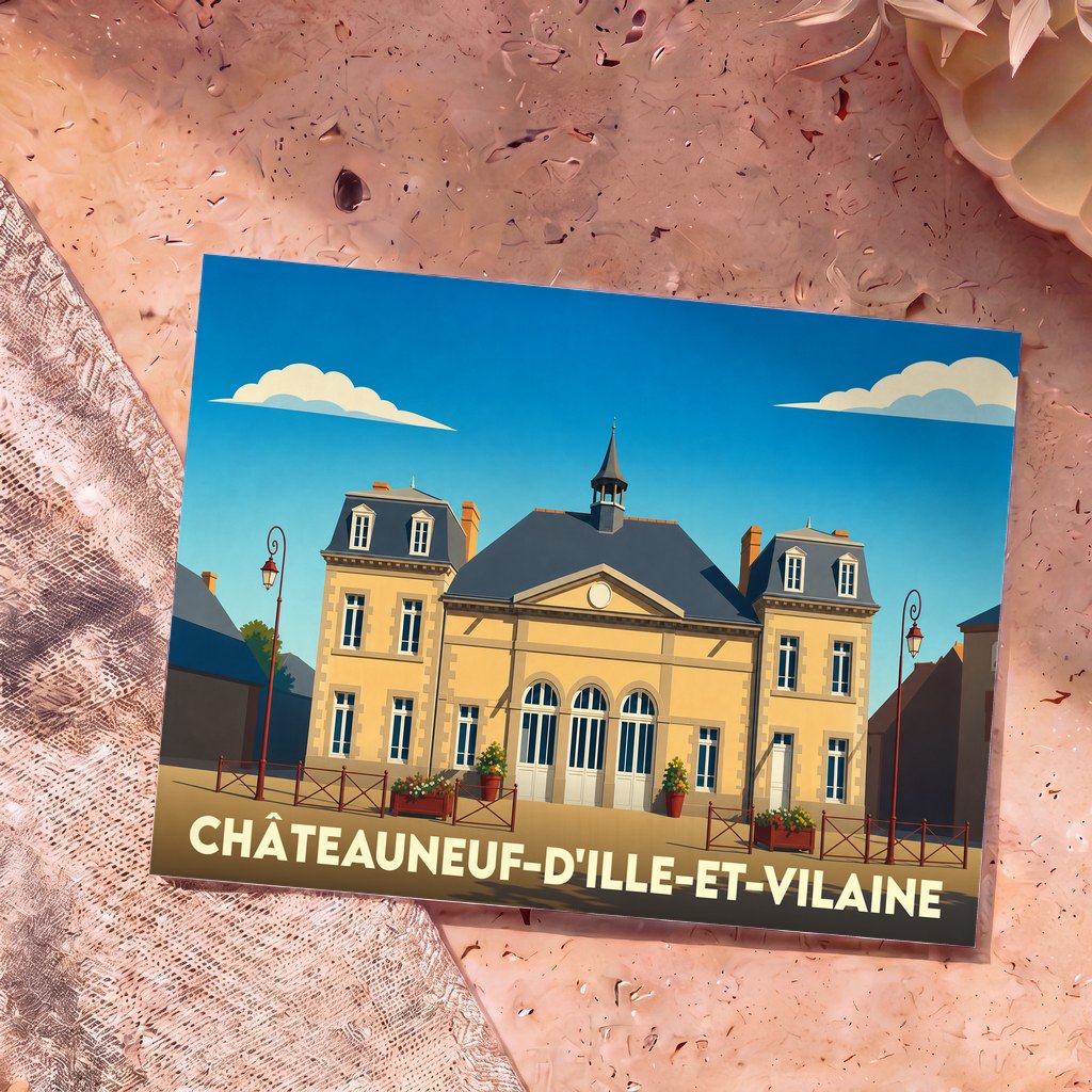 Carte postale souvenir de la ville de Châteauneuf-d'Ille-et-Vilaine avec une illustration stylisée de sa mairie.