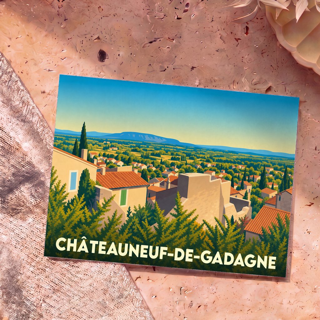 Carte postale souvenir de la ville de Châteauneuf-de-Gadagne avec une illustration stylisée de son paysage provençal.
