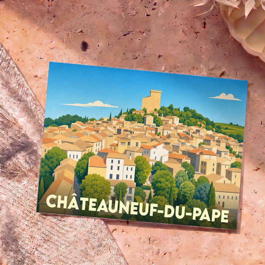 Carte postale souvenir de la ville de Châteauneuf-du-Pape avec une illustration stylisée du village et de son château.