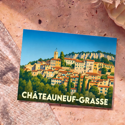 Carte postale souvenir de la ville de Châteauneuf-Grasse avec une illustration stylisée.