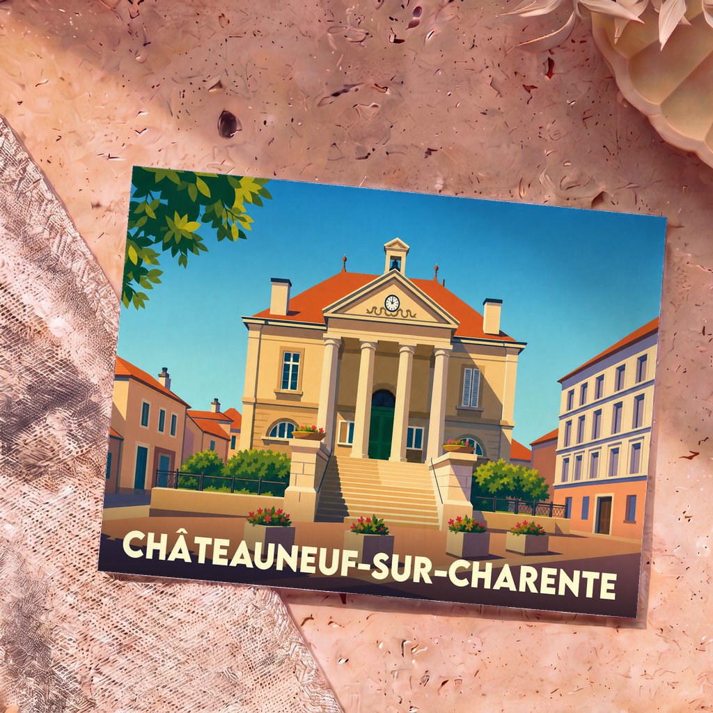 Carte postale souvenir de Châteauneuf-sur-Charente avec une illustration stylisée de la mairie sous un ciel bleu.