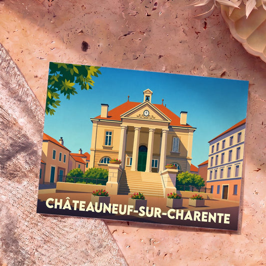 Carte postale souvenir de Châteauneuf-sur-Charente avec une illustration stylisée de la mairie sous un ciel bleu.