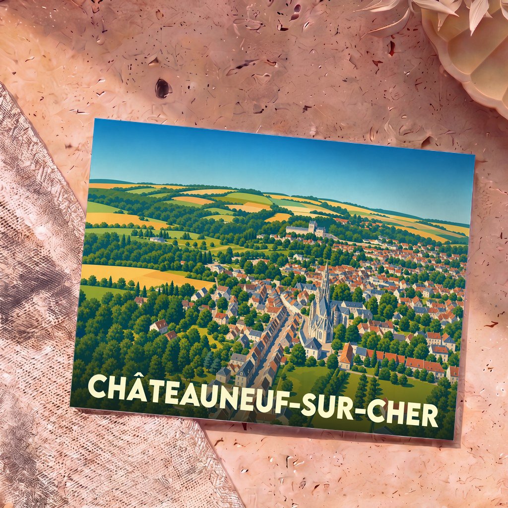 Carte postale souvenir de la ville de Châteauneuf-sur-Cher avec une illustration stylisée en vue aérienne.