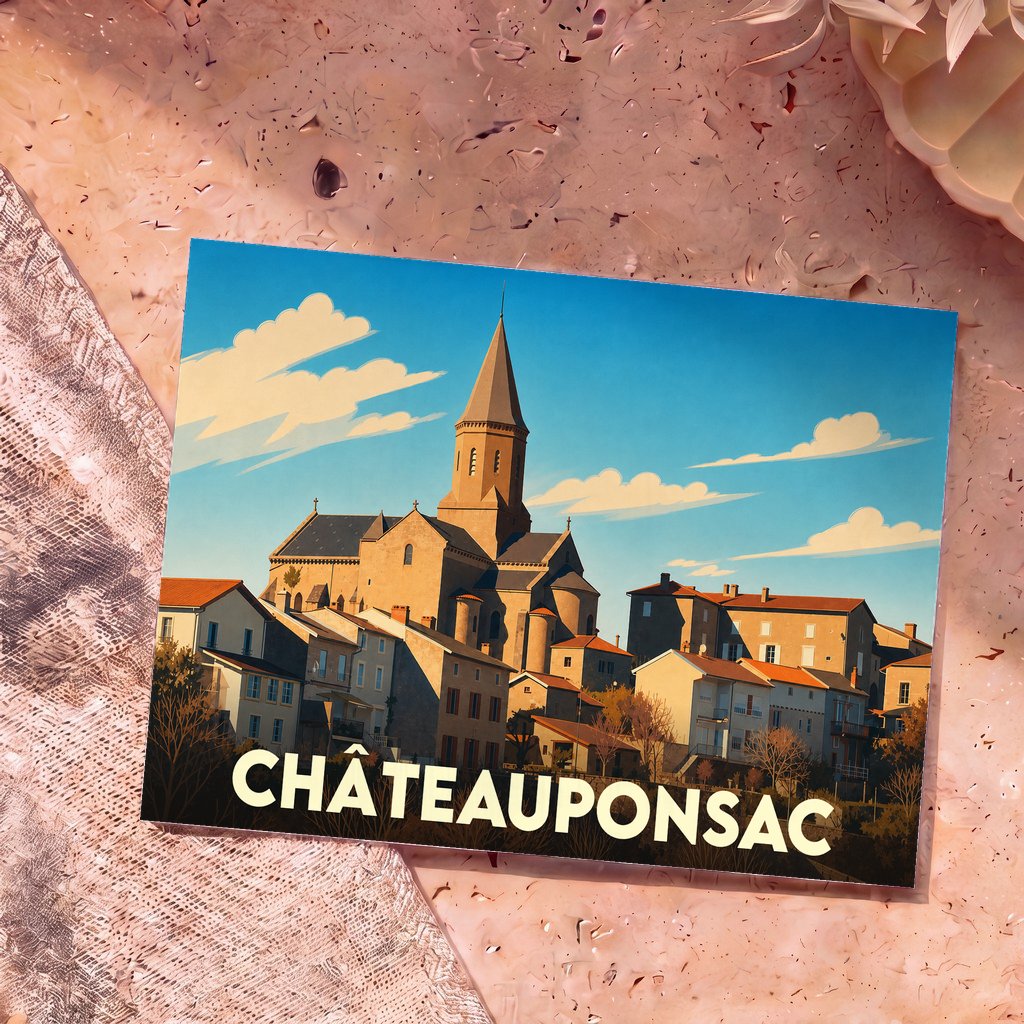 Carte postale souvenir de la ville de Châteauponsac illustrant son église et ses maisons dans un style rétro.