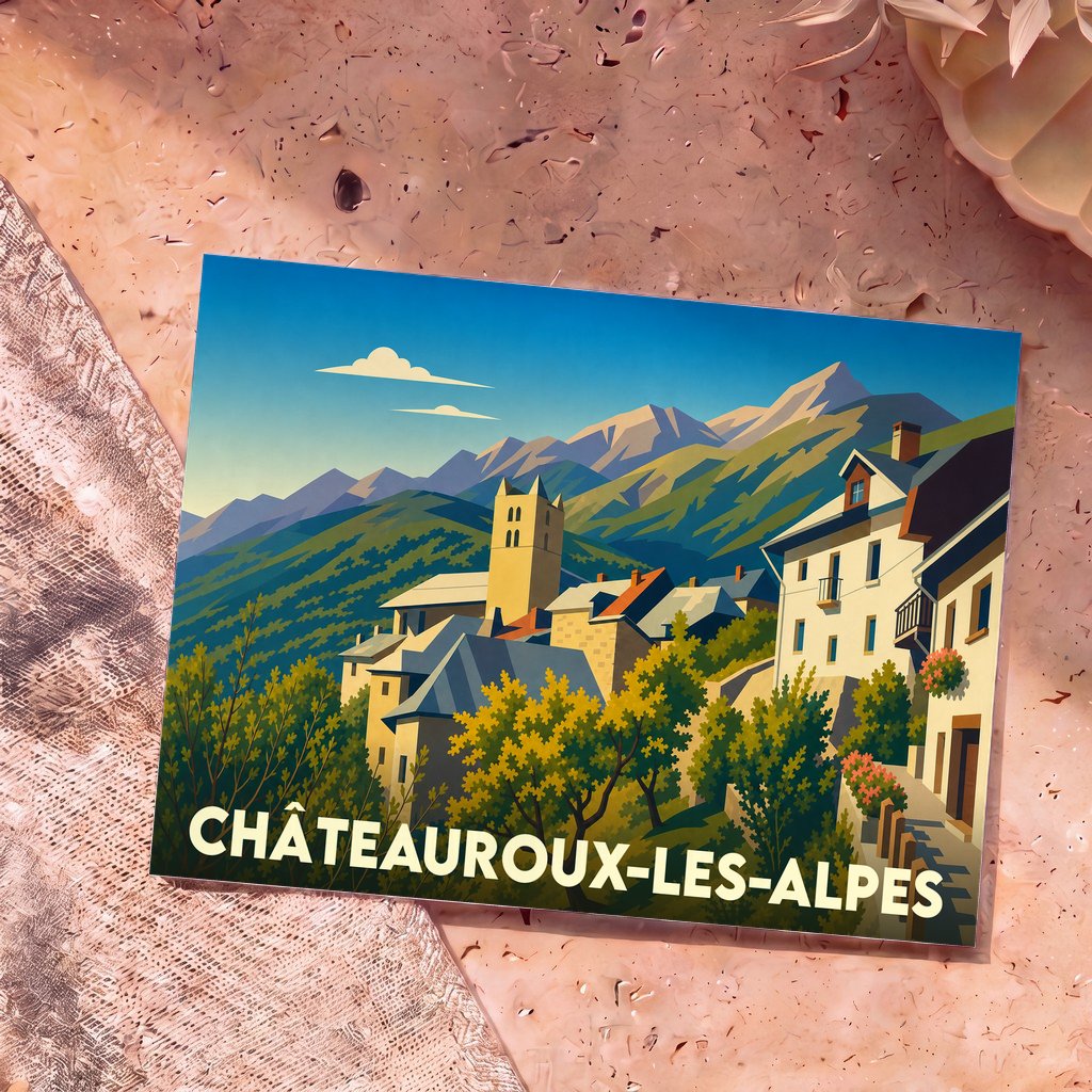 Carte postale souvenir de la ville de Châteauroux-les-Alpes avec une illustration stylisée d'un village de montagne.