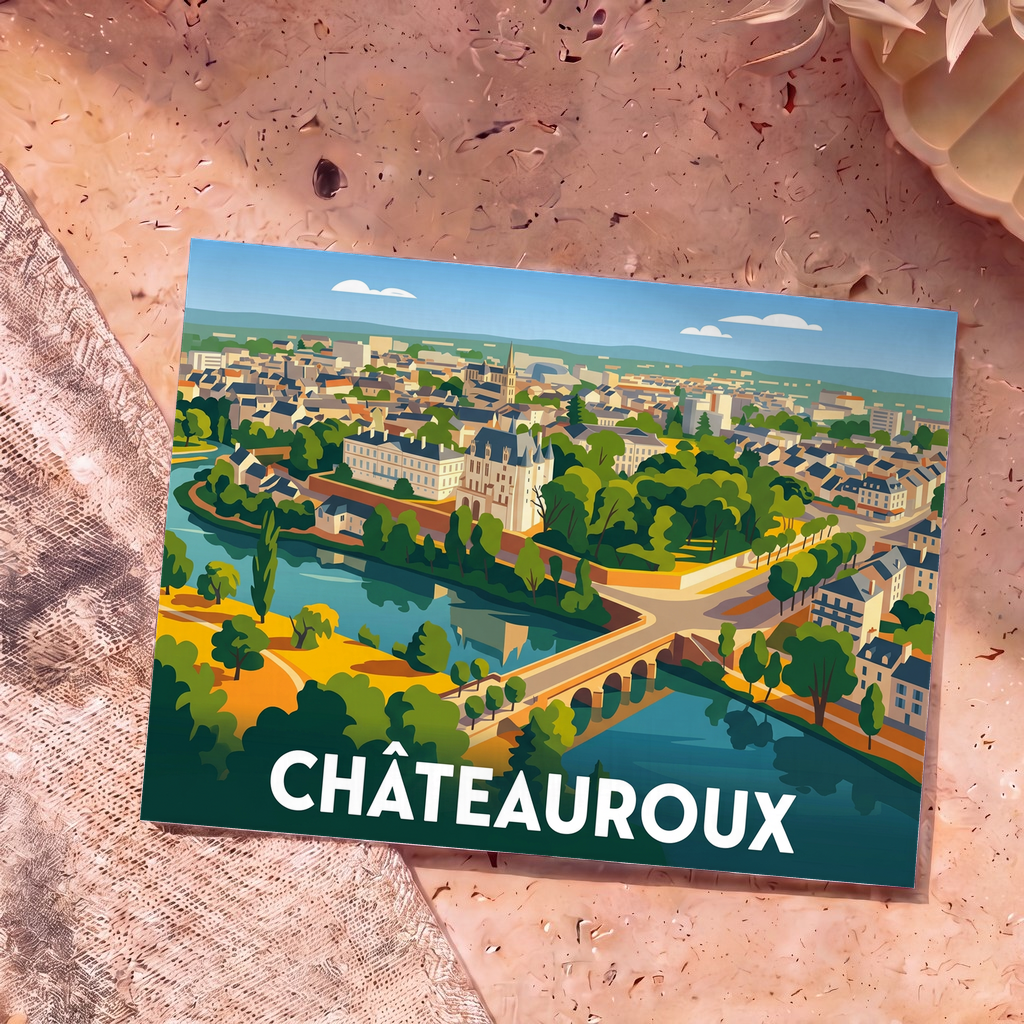 Carte postale souvenir de la ville de Châteauroux avec une illustration stylisée d'un château au bord de l'eau.