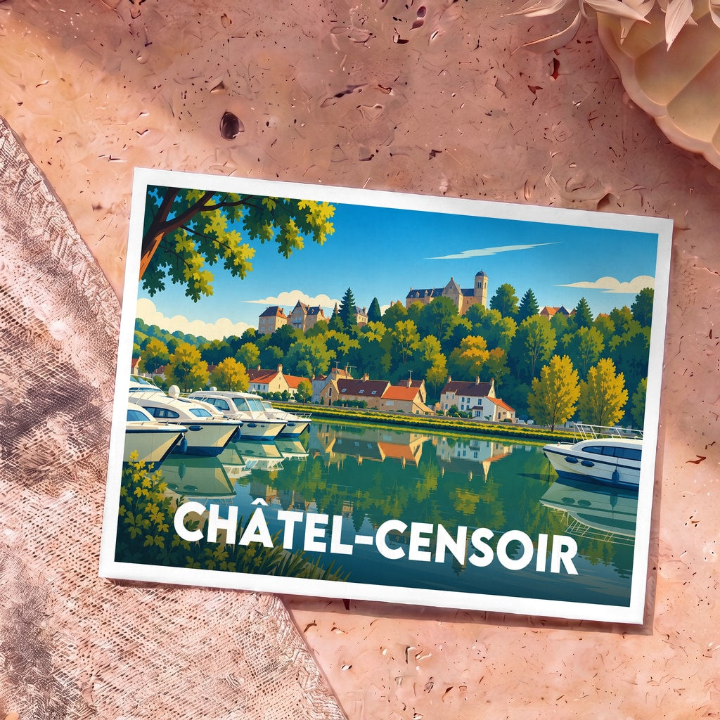 Carte postale souvenir de la ville de Châtel-Censoir avec une illustration stylisée des bords de l'Yonne.