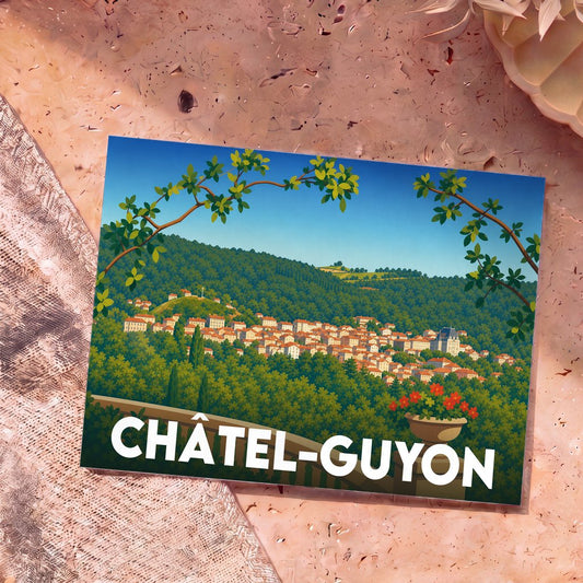 Carte postale souvenir de la ville de Châtel-Guyon avec une illustration stylisée des toits de la ville nichés dans une vallée verdoyante.