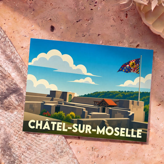 Carte postale souvenir de la ville de Châtel-sur-Moselle avec une illustration stylisée de sa forteresse médiévale sous un ciel bleu.