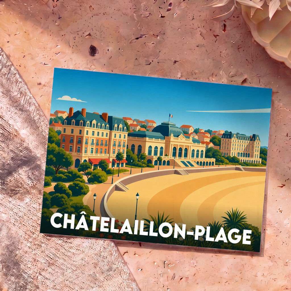 Carte postale souvenir de la ville de Châtelaillon-Plage illustrant son front de mer et son casino dans un style rétro.