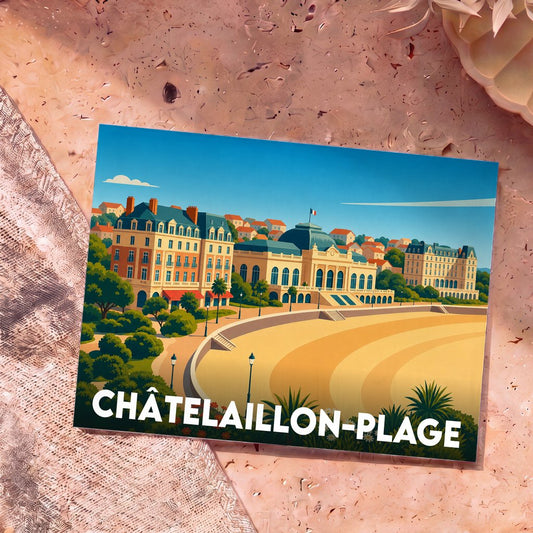 Carte postale souvenir de la ville de Châtelaillon-Plage illustrant son front de mer et son casino dans un style rétro.