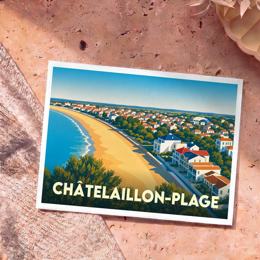 Carte postale souvenir de la ville de Châtelaillon-Plage illustrant une vue aérienne stylisée de sa plage et de ses villas de bord de mer.