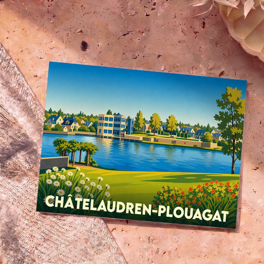 Carte postale souvenir de Châtelaudren-Plouagat illustrée d'un paysage fluvial coloré et stylisé.