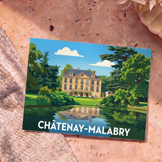 Carte postale souvenir de la ville de Châtenay-Malabry avec une illustration stylisée de la Maison de Chateaubriand et son reflet dans l'eau.