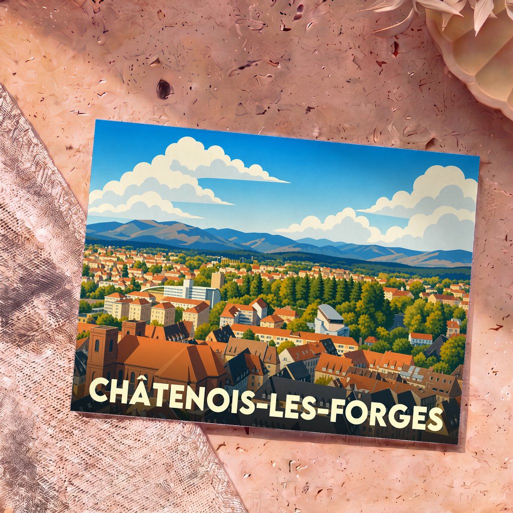 Carte postale souvenir de la ville de Châtenois-les-Forges illustrant une vue panoramique stylisée sur les toits et les montagnes environnantes.