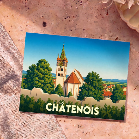 Carte postale souvenir de la ville de Châtenois avec une illustration stylisée de son église fortifiée.