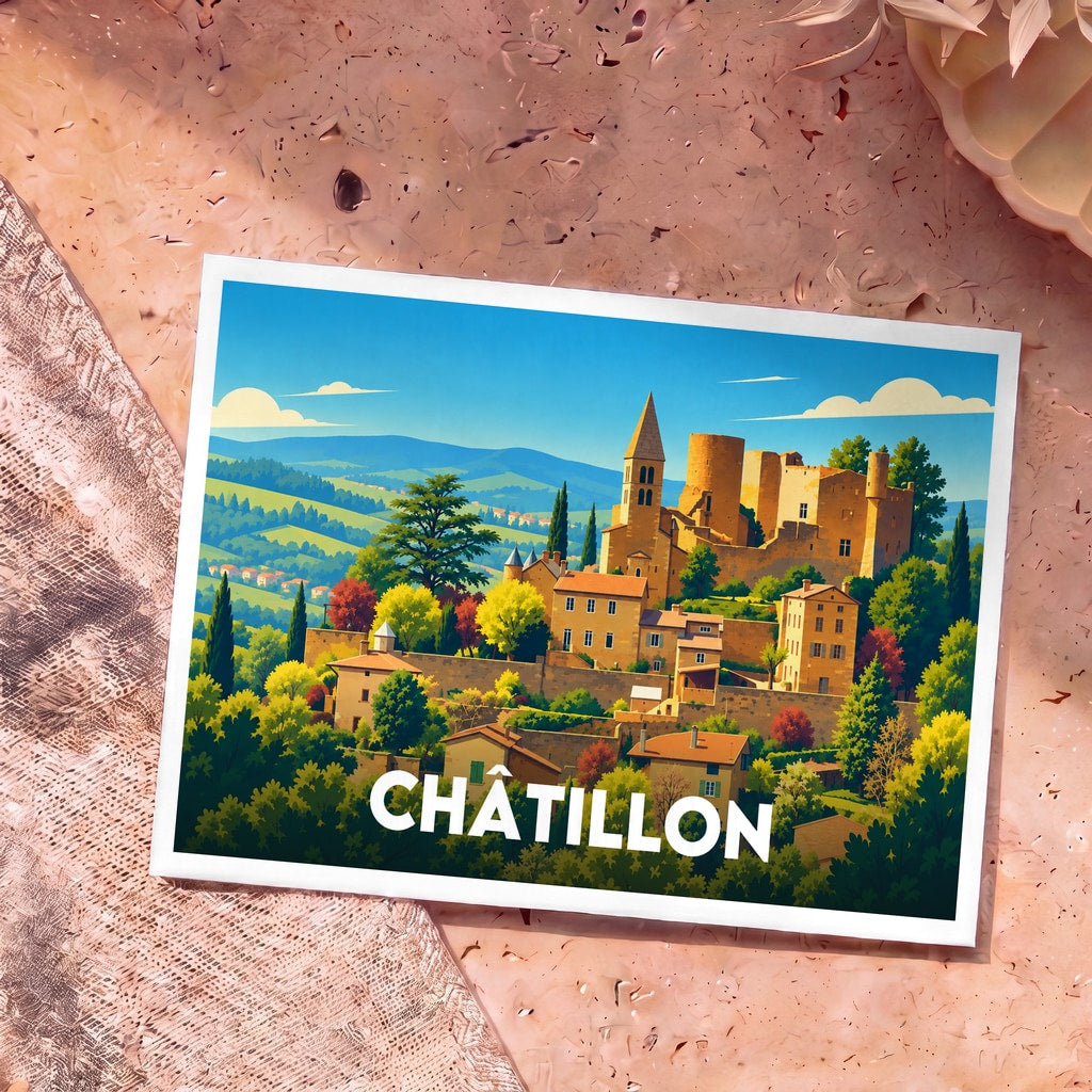 Carte postale souvenir de la ville de Châtillon avec une illustration stylisée de son château médiéval et du paysage environnant.