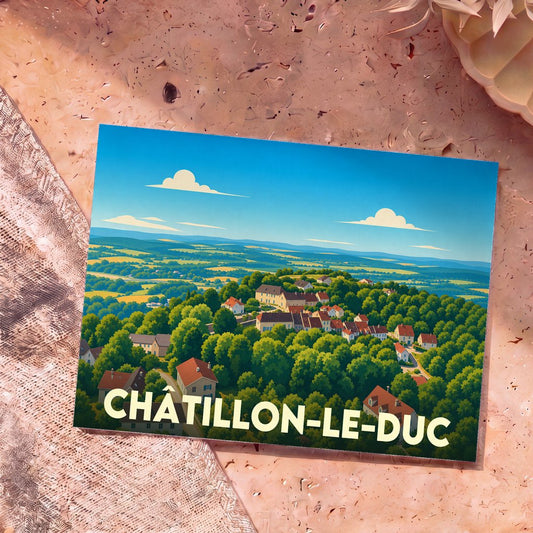 Carte postale souvenir de Châtillon-le-Duc présentant une vue panoramique illustrée du village et de sa campagne verdoyante.