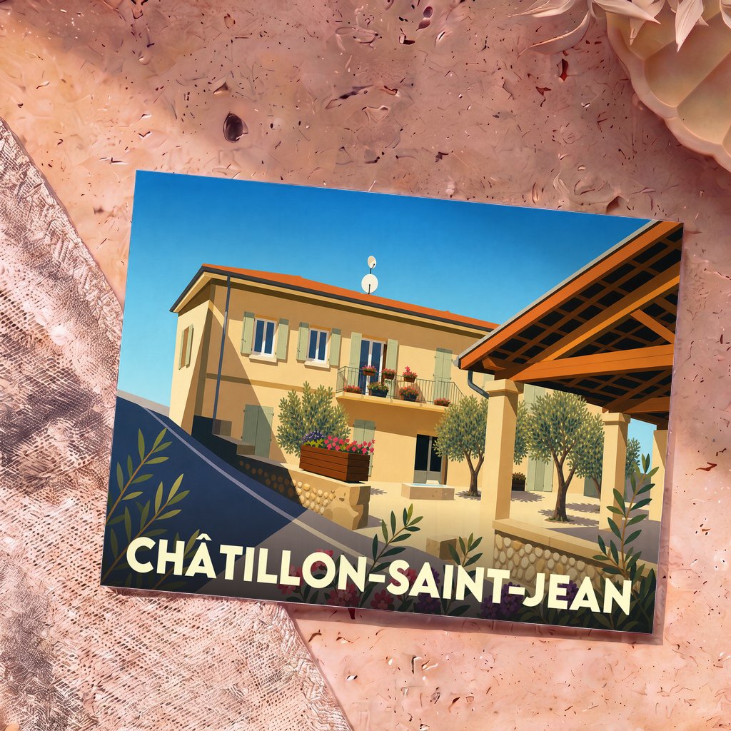 Carte postale souvenir de Châtillon-Saint-Jean présentant une illustration stylisée d'une maison de village provençale.