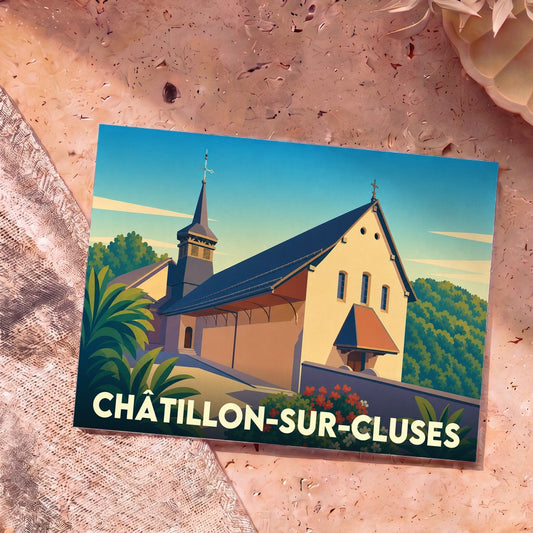 Carte postale souvenir de Châtillon-sur-Cluses avec une illustration stylisée de son église.